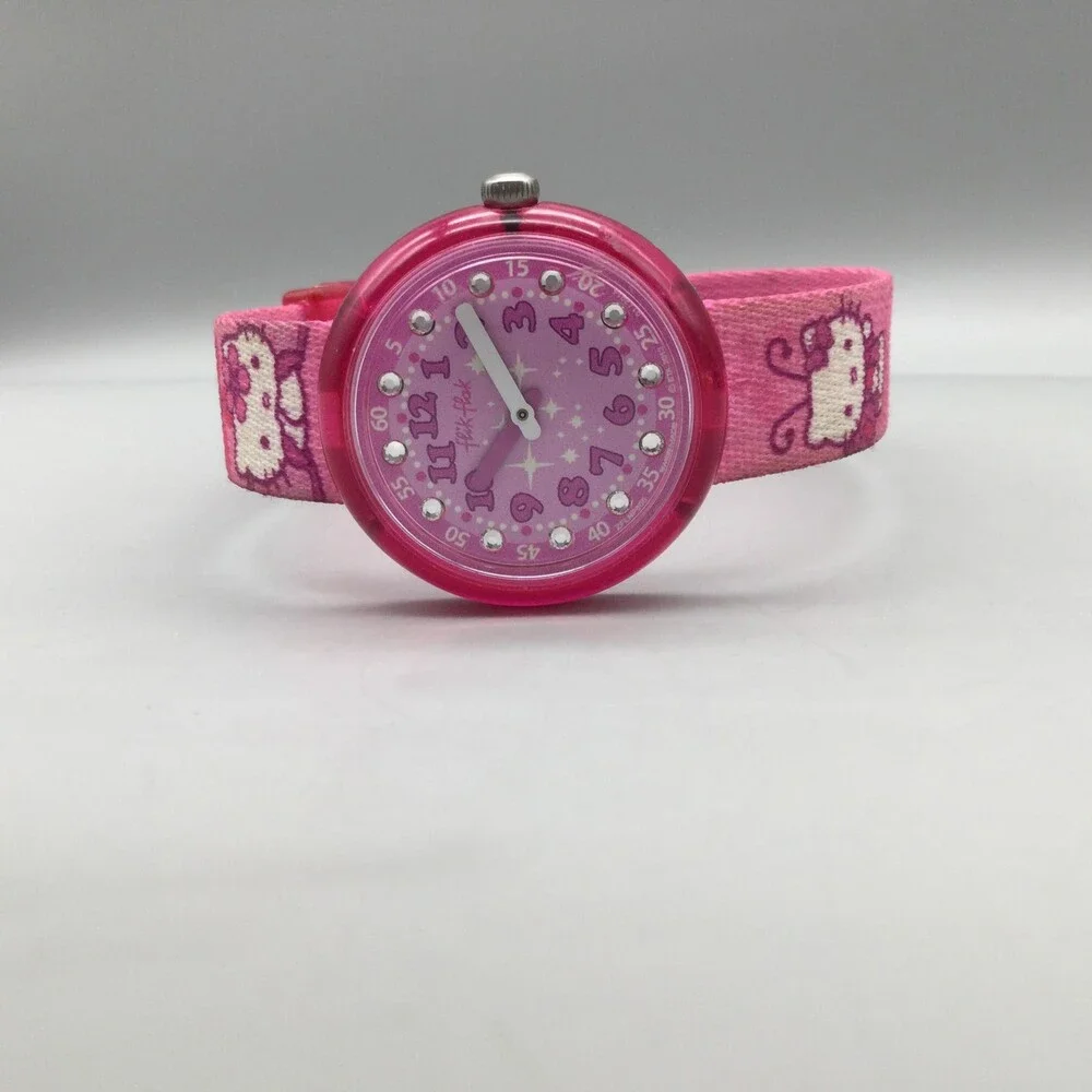 Flik Flak Hello Kitty Girls Watch 29mm Pink Dial Fabric Strap Swiss New Battery